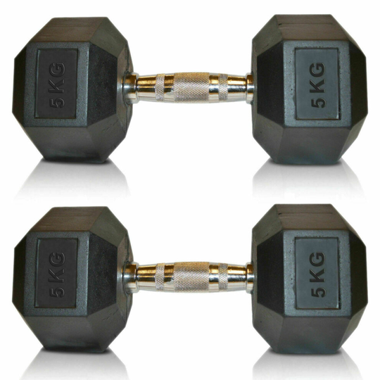 (2 x 5 kg) Viper Hex Dumbbells Cast Iron Weights Hexagonal Dumbbell Rubber Encased Gym Fitness Sold in Pairs.