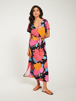 Everyday Jersey Wrap Belted Beach Midi Dress - Multi, Floral, Size 8, Women