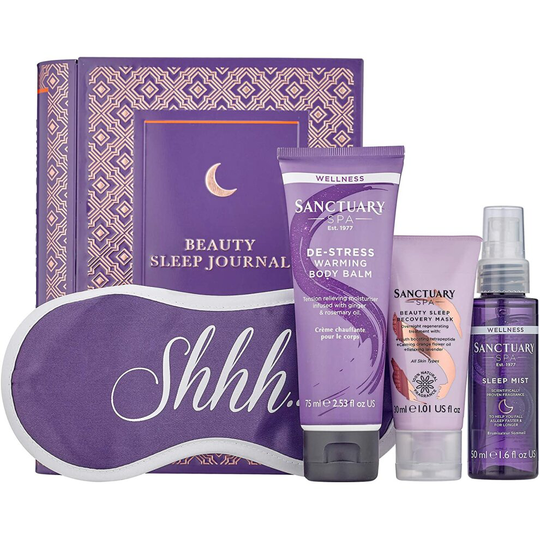 Sanctuary Spa Gift Set, Beauty Sleep Journal Tin With Pillow Spray, Face Mask, Warming Muscle Balm and Sleep Eye Mask, Vegan, Reusable Tin, Wellness G