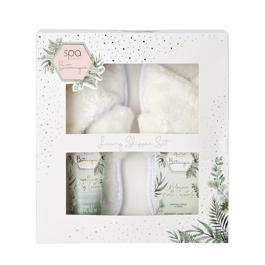 Style & Grace Spa Botanique Luxury Slipper Set Eco Packaging 2021 - 100g Bath Crystals, 110ml Body Lotion, Fluffy Slippers