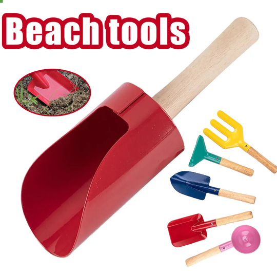 6Pcs Beach Sand Toy Set with Sturdy Wooden Handle Playing Toys Rake Spoon Fork Shovel Outdoor Garden Planting Tools