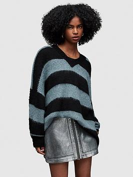 Allsaints Lou Sparkle V Neck Striped Jumper - Fossil Grey/Black