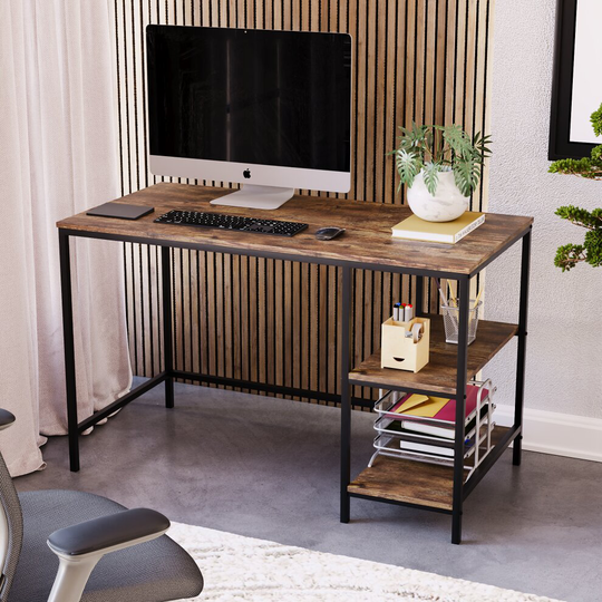 (Dark Wood) Brooklyn Industrial Wooden Desk with 2 Shelves