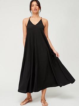 V By Very Crinkle Beaded Strap Midaxi Swing Dress - Black