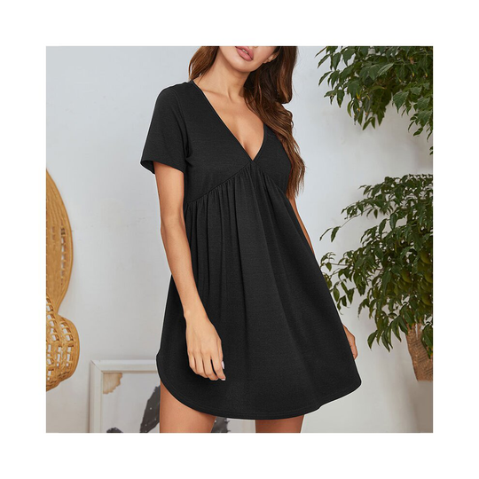 (Black, XL) Sexydance Women's Nightdress Short Sleeve V Neck Sleep Dress Sleepwear Pajamas