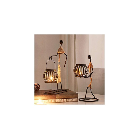 NA. 2Pcs Candle Holders for Tables, Retro Black Iron Candlestick Holders Vintage Candle Stand Little Girl Shaped with Hemp Rope Design for H