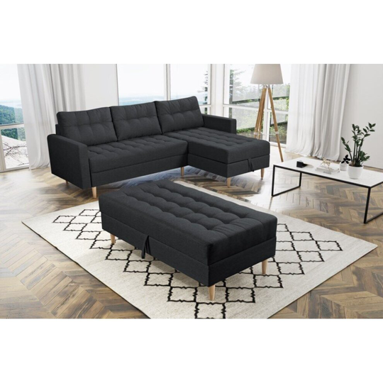 (Black) Oslo Corner Lounge Corner Sofa Bed with Ottoman