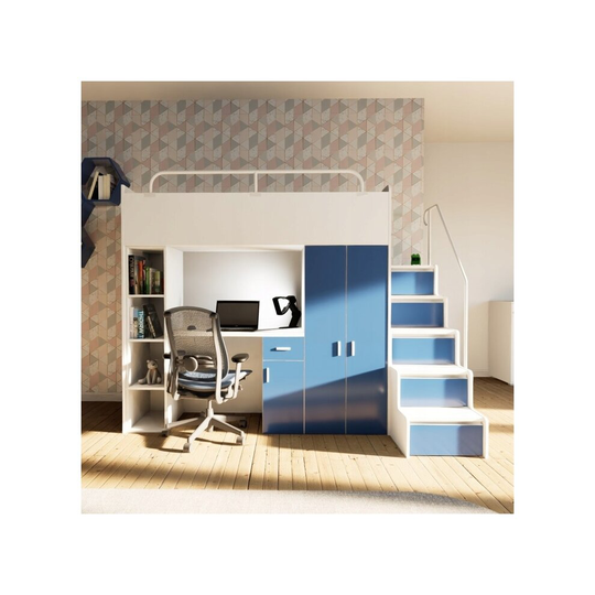 (Blue) Easy Jessie 4S Cabin Bed High Sleeper with Stairs Wardrobe Desk Matt