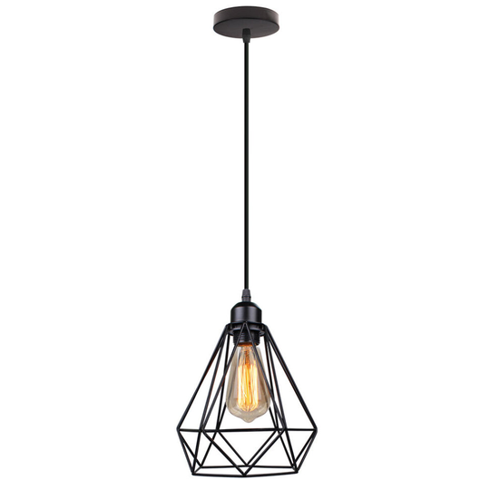 Creative Diamond Pendant Light,Retro Industrial Ceiling Light Vintage Hanging Light 20CM Metal Iron Cage Chandelier Black E27 Bulb