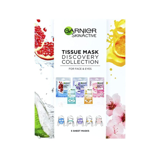 Garnier Sheet Mask Discovery Collection, Face & Eye Sheet Mask set for Dehydrated, Dull and Tired Skin, Pack of 5 Sheet Masks
