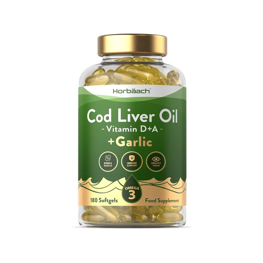 Cod Liver Oil Capsules High Strength + Odourless Garlic | 180 Softgels | Cod & Fish Oil - Omega 3, DHA & EPA | by Horbaach