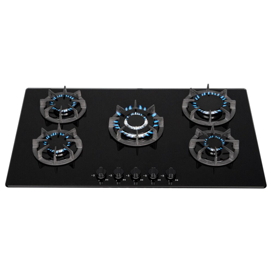 SIA BGH90BL 90cm Black 5 Burner Gas On Glass Hob | Cast Iron Supports | LPG Kit