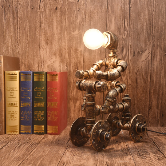 Industrial Iron Riding Robot Steampunk Table Lamp Retro Water Pipe