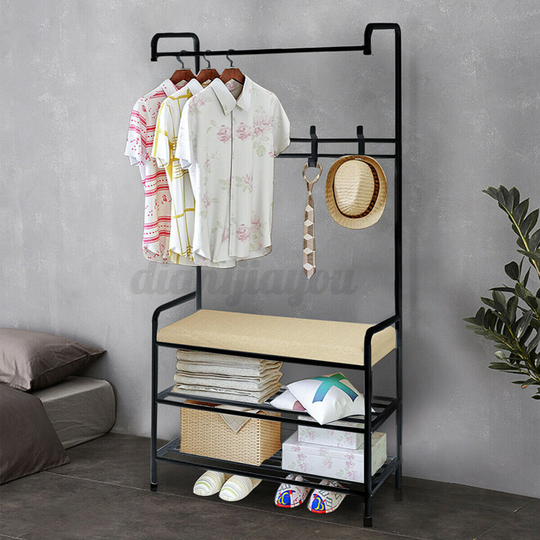(Black) Heavy Duty Clothes Rail Garment Display Stand With Shoe Rack