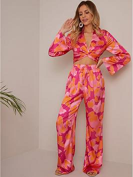 Chi Chi London Abstract Print Tie Waist Trousers In Pink