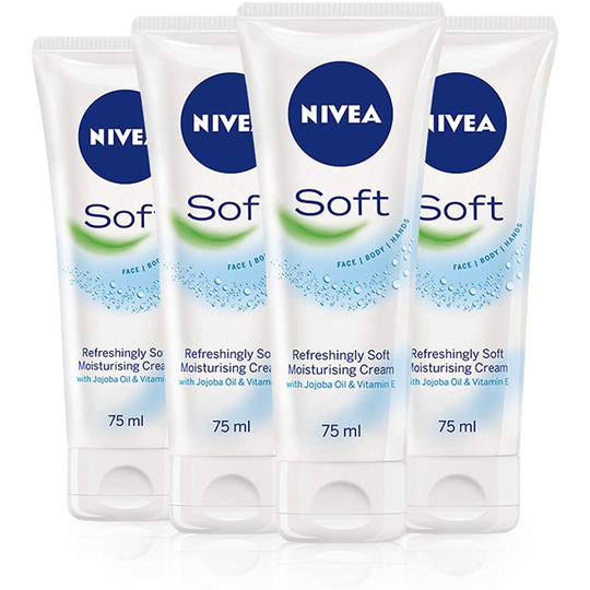 NIVEA Soft Tube (75ml), Pack of 4, Moisturising Cream for Face, Body and Hands with Vitamin E and Jojoba Oil, Intensive Everyday Moisturiser, 4 x 75