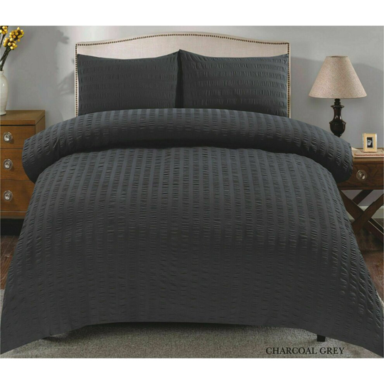 (Charcoal , Super King ) Seersucker Duvet Cover & Pillowcase Set Non Iron