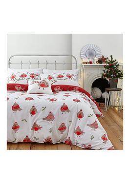Catherine Lansfield Robins Christmas Duvet Cover Set - Red &Amp; White - Single