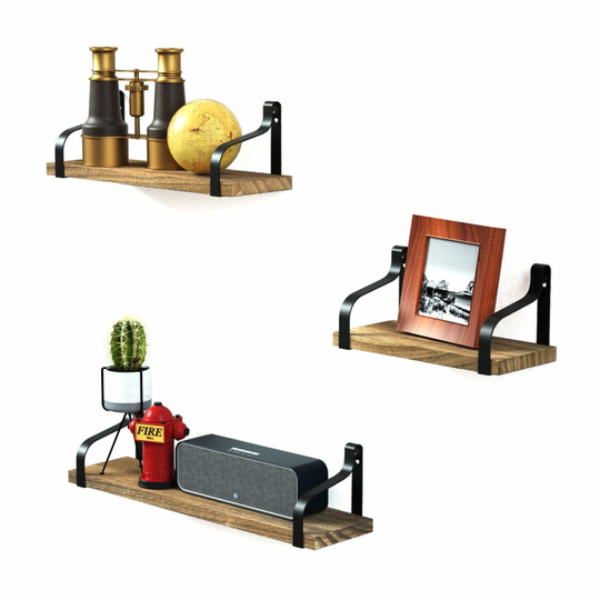 Love-KANKEI Floating Shelves Decorative Wall Shelf in Retro Style with Iron and Wood Storage Display Book Shelf Set of 3