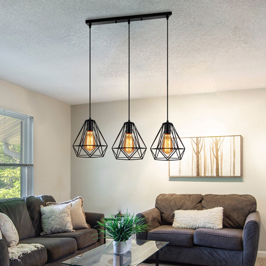 Industrial Pendant Light Ø20CM Retro Ceiling Light Black Vintage 3 Lights Chandelier Diamond Hanging Light Metal Iron Lamp Shade