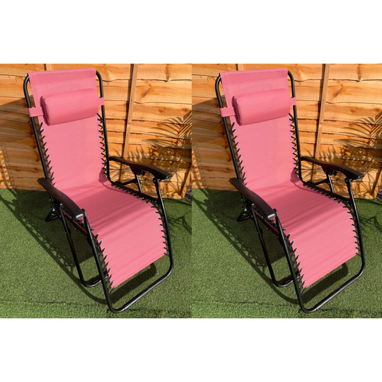 2 Zero Gravity Relaxer Garden Chair Pink Lounger With Head Rest Pillow