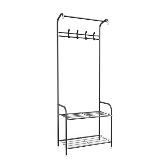 (Black) Metal 4 Hooks Coat Stand Clothes Shoe Rack Hook