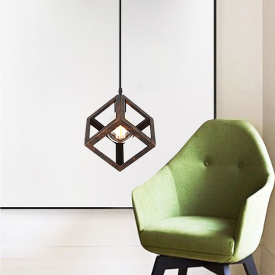 Creative Square Pendant Light (Color:Rust) Metal Iron Cage Pendant Lamp Modern Geometric Hanging Light Retro Modern Ceiling Light