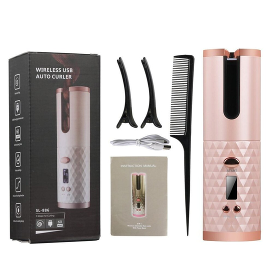 (Pink) Cordless Hair Curler Ceramic Curly Rotating Curling Iron Curls