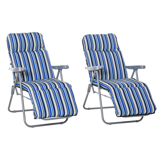 Outsunny Set of 2 Adjustable Sun Lounger Recliner Reclining Seat Blue and White