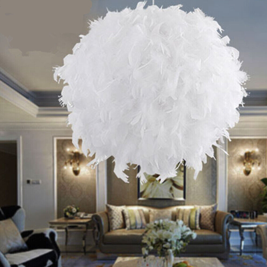 White Feather Shade Droplight Lamp Hanging Ball Bedroom LED Ceiling Light 30CM