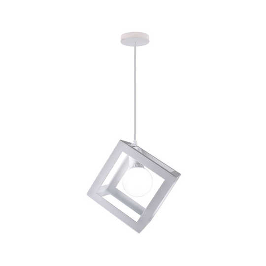 (White) 1lt Square Metal Wired Frame Pendant Light Cube Ceiling Lamp