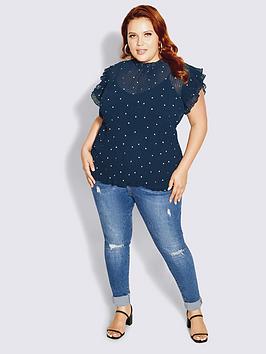 City Chic Top Pleated Spot, Navy, Size 14, Women