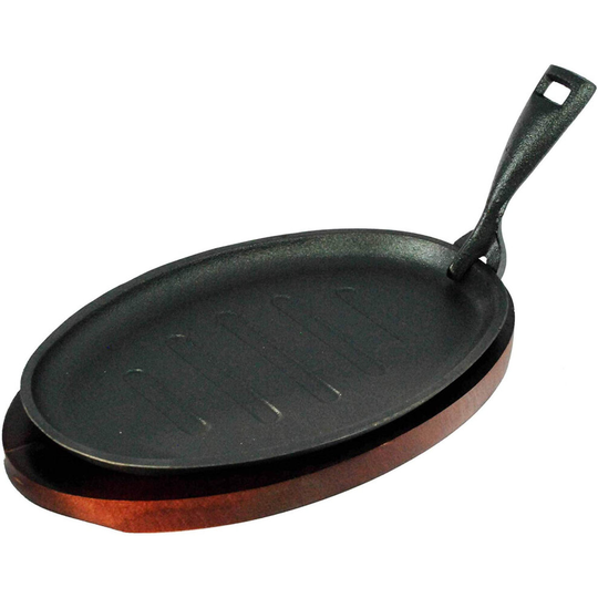 Cast Iron Sizzle Platter Wooden Trivet & Removable Handle 28cm