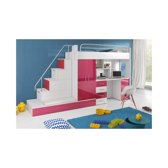 (White/Pink, Left Hand) High sleeper Alta 5SK, Trundle Bed, Wardrobe, Desk, Stairs - Assembly Incl