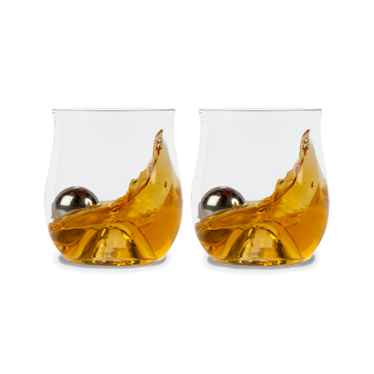 Whiskey Glasses with Steel Ice Balls Snifter Glass Set of 2 Roller Tumblers M&W