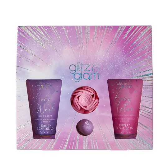Style & Grace Glitz & Glam Glimmer Gift Set Eco Packaging 2021 - 110ml Body Wash, 110ml Body Lotion, 80g Bath Fizzer, Shower Flower
