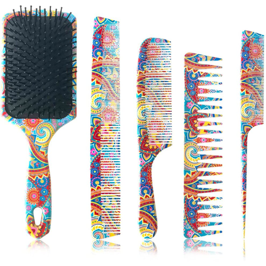 Rainmae Hair Brush Comb Set for Women,Professional Colorful Pattern Hairbrush Gift Set for All Hair Types(5PCS Hairbrush Comb Set)