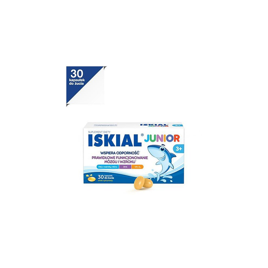 Iskial Junior, dla dzieci powyżej 3 lat i dorosłych, smak cytrynowy, 30 kapsułek do żucia