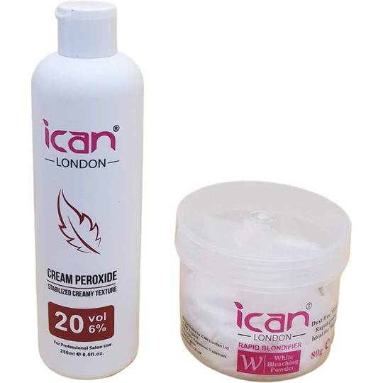 ICAN LONDON PROFESSIONAL CREAM PEROXIDE 20 VOL 6% 250 ML + WHITE POWDER BLEACH (JAR) 80 G SET