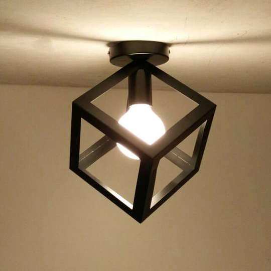Retro Cube Chandelier Antique Iron Metal Ceiling Light Black Vintage Ceiling Lamp