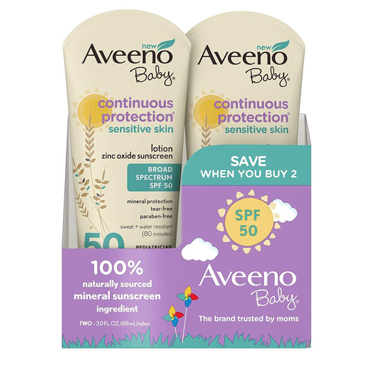 Aveeno Baby Continuous Protection Zinc Oxide Mineral SPF 50 Sunscreen Lotion 3 fl oz / 88 mL (2 Pack)