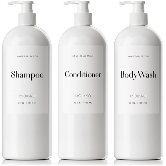 Shampoo and Conditioner Bottles - Pack of 3 Refillable, 32oz Empty Shampoo Conditioner Body Wash Dispenser with 8 Waterproof Labels