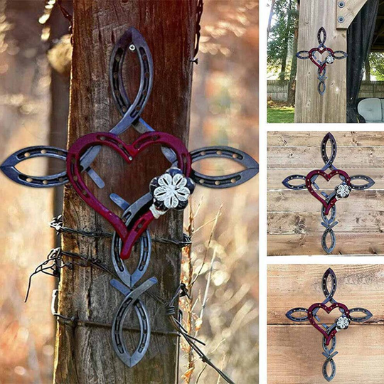 Horseshoe Cross w/ Heart Decor Metal Cross Easter Wall Art Ornament