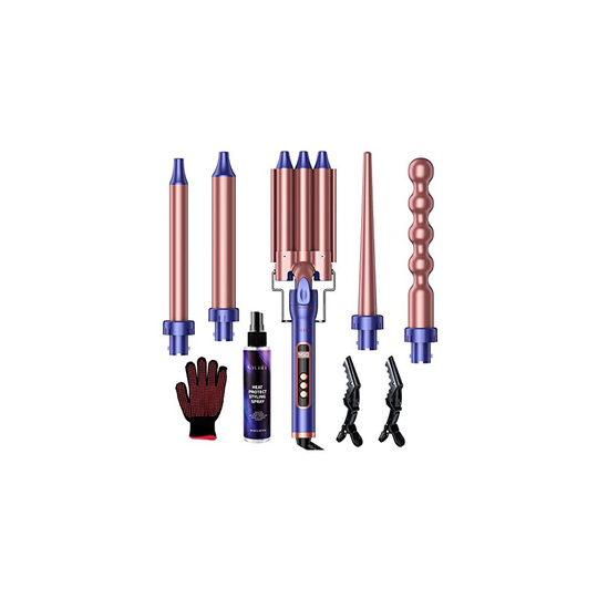 Curling Iron, GYCHEE 3 Barrel Hair Waver Curling Wand Set, 5 in 1 Waver Iron with Heat Protection Spray/Interchangeable Ceramic Barrels/Adjustabl