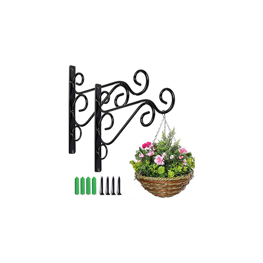 2 Pack Wall Hanging Basket Bracket Iron Hanging Plants Bracket Black Fence Hooks with Screws for Lanterns Wind Chimes Black