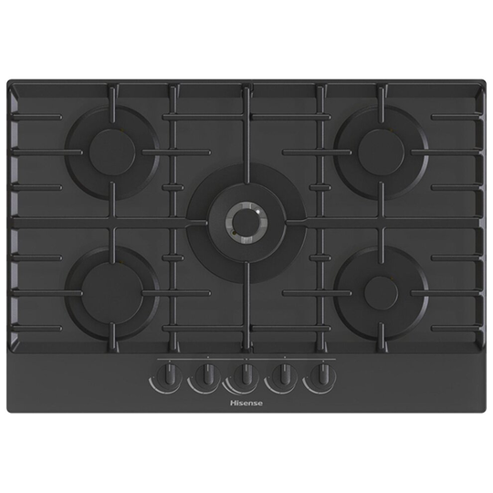 5 Burner Gas Hob In Black, Glass Top / Cast Iron Supports - Hisense GG773B