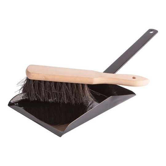 1x Black 180mm Fireplace Dustpan & Brush Set - Large Heavy Duty Metal Fireside Companion Cleaning Shovel Dust Pan Broom Long Handle