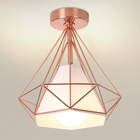 ((Rose Gold)) Retro Vintage Chandelier Metal Iron Cage Ceiling Light Diamond Shape 25CM Industrial Ceiling Lamp E27 for Restaurant Cafe
