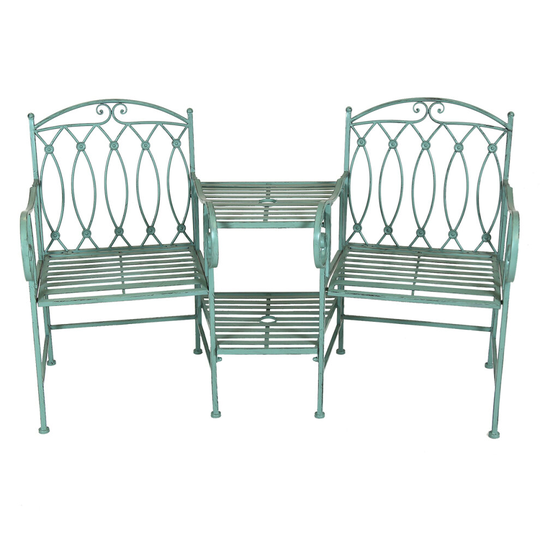 Charles Bentley Wrought Iron Rustic Outdoor Companion Seat for Two Garden with Scroll Detail and Double Level Table - Sage Green