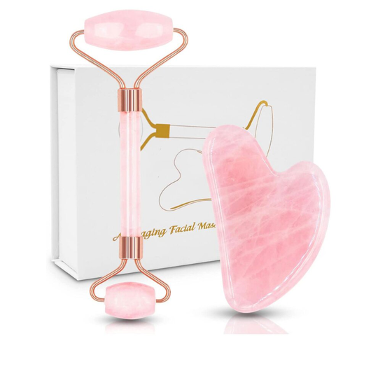 Rose Quartz Jade Roller & Gua Sha Set, Natural Anti-Aging Face Roller for Eye Puffiness Treatment, Skin Tightening and Slimming & Firming.